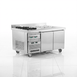 Stainless steel pasta table with under counter refrigerator for commercial kitchen