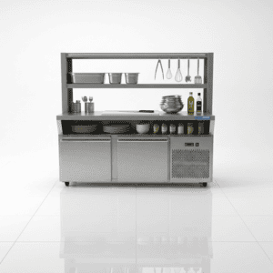 Stainless steel workstation refrigerator for commercial kitchen food preparation and refrigerated storage